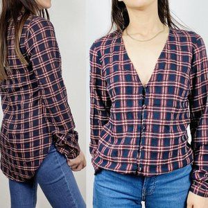 Veronica Beard Peggy Buttons-up Shirt Wool-bend Top Plaid V-Neck Long Sleeves